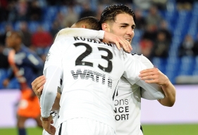 Toute la joie d'Andy Delort et de Ronny Rodelin, les deux buteurs caennais de la soirée montpelliéraine qui ont inscrit leur septième et cinquième buts de la saison en Ligue 1.