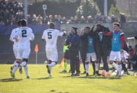 La joie des joueurs du Stade Malherbe Caen après le deuxième but des Caennais inscrit par Jonathan Rivierez