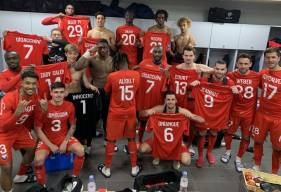 La joie des joueurs du Stade Malherbe Caen après la victoire face à l'USL Dunkerque vendredi soir