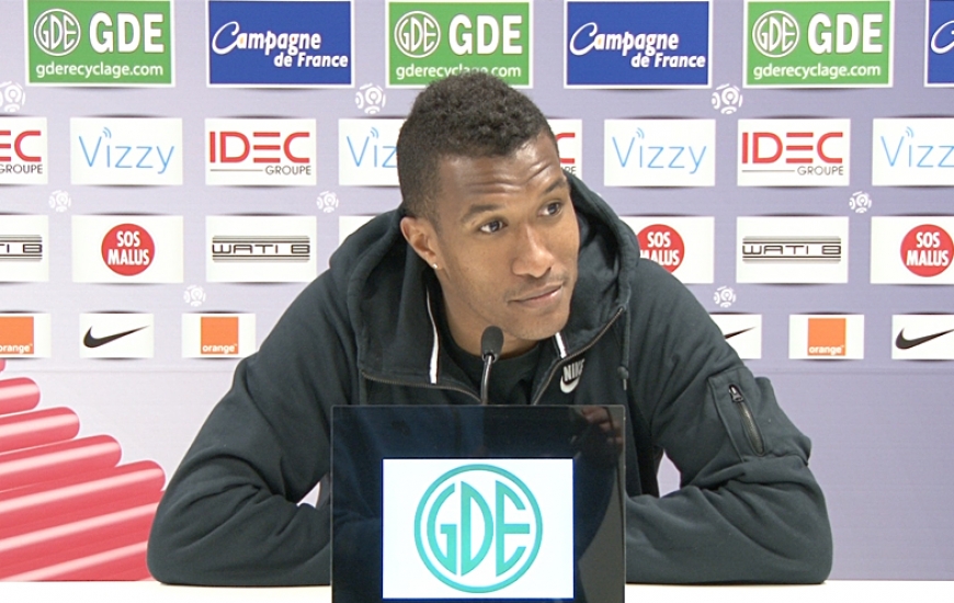 Le défenseur caennais, Emmanuel Imorou, lors de la conférence de presse avant le match SM Caen - EA Guingamp