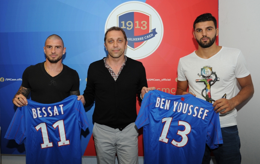 Vincent Bessat et la nouvelle recrue du SM Caen, Syam Ben Youssef, lors de leur présentation officielle à la presse régionale.