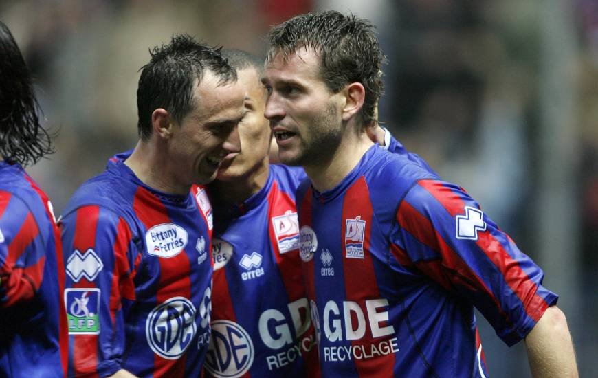 La joie de Nicolas Florentin et Lilian Compan lors de la victoire du Stade Malherbe face au Stade de Reims en 2007