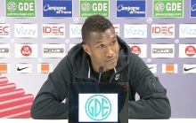 Le défenseur caennais, Emmanuel Imorou, lors de la conférence de presse avant le match SM Caen - EA Guingamp