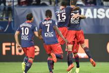 La saison dernière, Ivan Santini, Emmanuel Imorou, Steed Malbranque et Yann Karamoh exultent après le troisième but caennais contre Lorient synonyme de succès 3-2.