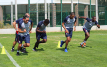 Enzo Crivelli, Brice Samba, Ronny Rodelin et Christian Kouakou lors de la pré-reprise de ce lundi 2 juillet, sur les terrain d'entraînement du complexe de Venoix