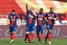 Le joie des caennais et d'Enzo Crivelli après le seul but de la rencontre synonyme de victoire pour le Stade Malherbe