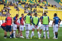 Les caennais concentrés à l'échauffement avant d'entrer sur la pelouse de La Beaujoire pour affronter le FC Nantes