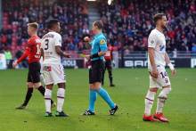 Yoël Armougom a reçu un carton rouge après 35 minutes de jeu, les caennais n'ont jamais su relever la tête après cette expulsion