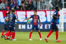 La joie de Saïf-Eddine Khaoui et ses coéquipiers après le premier but du malherbste sous ses nouvelles coueurs en première période