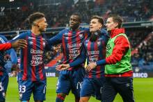 La joie des Caennais après le troisième but inscrit par Jessy Deminguet hier soir face au Mans FC. 