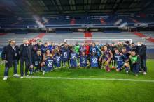 La joie des joueurs et staff du Stade Malherbe Caen après la victoire face à l'ASNL la semaine dernière