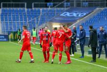 La joie des joueurs du Stade Malherbe Caen après le but vainqueur inscrit par Yacine Bammou en fin de rencontre